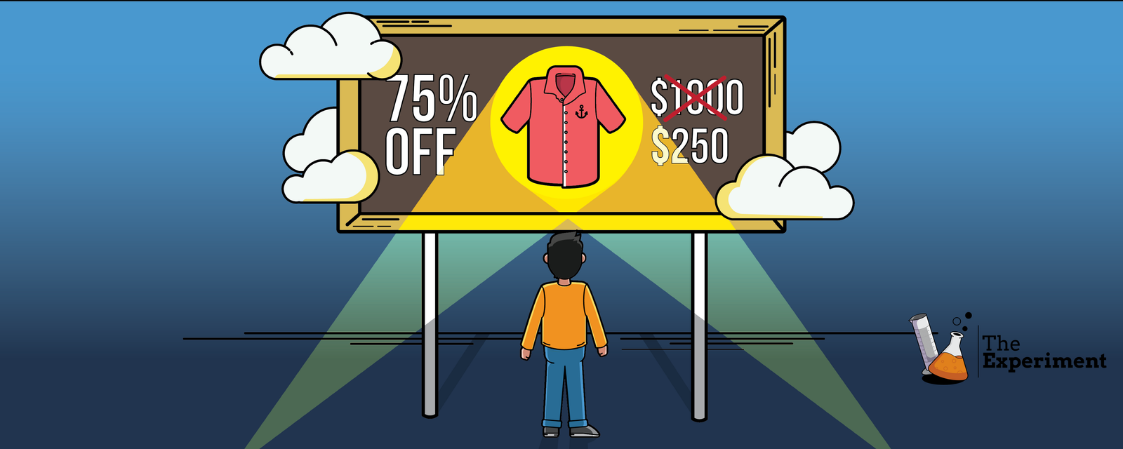 Illustration of anchoring bias: a person looks up at a billboard advertising a shirt marked down from $1,000 to $250, where the original price sets an artificial reference point